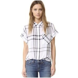 Rails Whitney Plaid Short Sleeve Linen Blend Button Down Top Women's Size XS